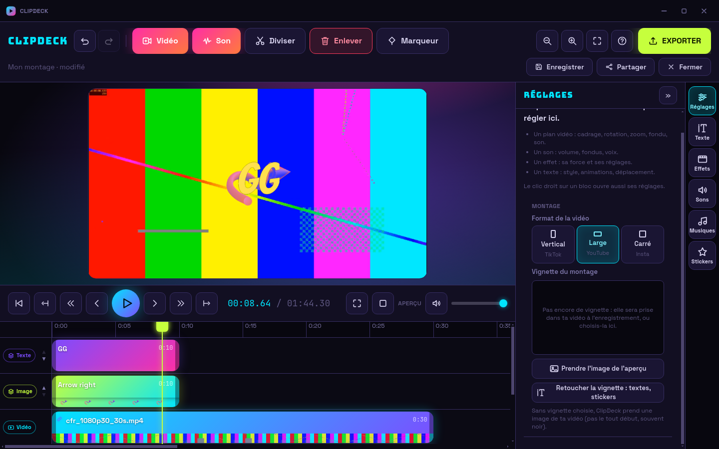 La fenêtre de ClipDeck : l'aperçu avec un texte GG et un sticker, la timeline avec ses pistes Texte, Image et Vidéo, le panneau Réglages à droite