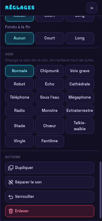 La suite du panneau Réglages : zoom, fondus, rotation, actions sur le plan