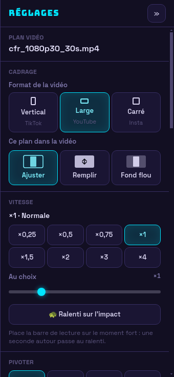 Le panneau Réglages d'un plan : format, cadrage, vitesse